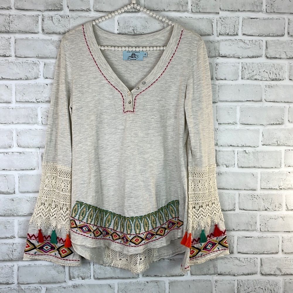 Judith March Embroidered Top Lace Multicolor Tassels Sz Small Boho Gypsy